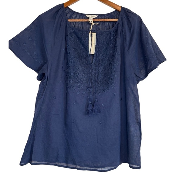 Lucky Brand Embroidered Short Flutter Sleeve Notch Neck Woman’s Size Medium - Picture 1 of 10